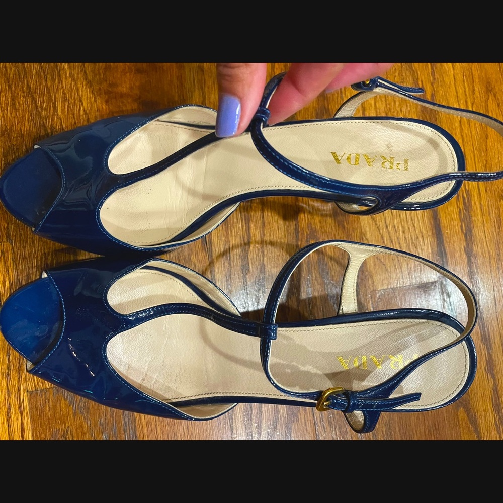 Navy Blue Patent T strap Prada